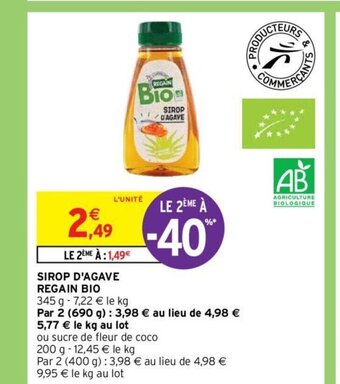 Intermarché Hyper REGAIN BIO SIROP D'AGAVE offre