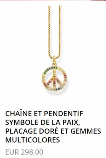 Chaine et pendentif symbole de la paix, placage doré et gemmes multicolores