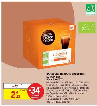 Intermarché Capsules De Cafe Colombia Lungo Bio Dolce Gusto offre