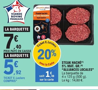 E.Leclerc STEAK HACHÉ(¹) 5% MAT. GR. (4) "ALLIANCES LOCALES" La barquette de offre