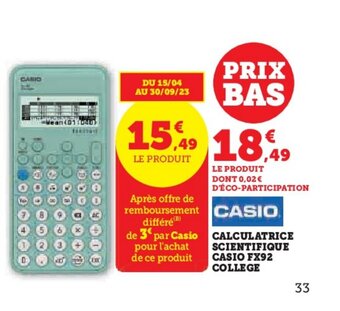 Super U CALCULATRICE SCIENTIFIQUE CASIO FX92 COLLEGE offre