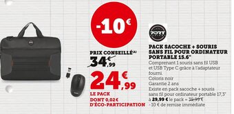 Super U PACK SACOCHE + SOURIS SANS FIL POUR ORDINATEUR PORTABLE 15.6" offre