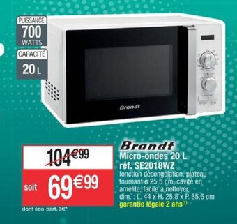 Cora x Carrefour Micro-ondes 20 L réf. SE2018WZ fonction décongélation, plateau tournant ø 25,5 cm, cavité en 'amélite, facile à nettoyer. offre