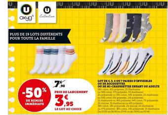 Super U U oxyg / u collection lot de 4, 5, 6 ou 7 paires d'invisibles ou de socquettes ou de mi-chaussettes enfant ou adulte offre