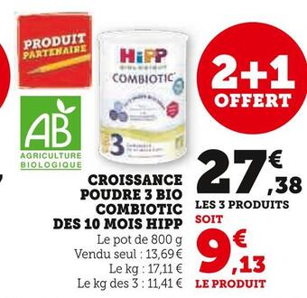 Super U Hipp croissance poudre 3 bio combiotic des 10 mois offre