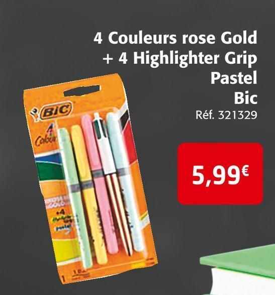 Promo Bic 4 couleurs rose gold + 4 highlighter grip pastel chez Colruyt