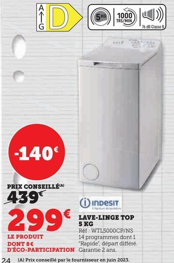 Hyper U Lave-linge top 5kg indesit offre