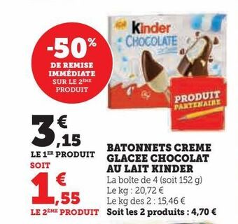 Hyper U Batonnets creme glacee chocolat au lait kinder offre