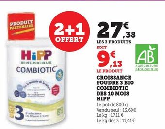 Hyper U Croissance poudre 3 bio combiotic des 10 mois hipp offre