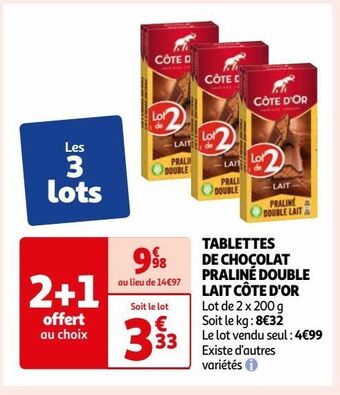Auchan Tablettes de chocolat praline double lait cote d'or offre