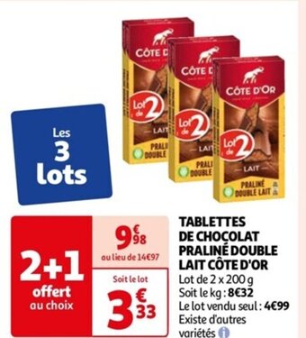Auchan TABLETTES DE CHOCOLAT PRALINÉ DOUBLE LAIT CÔTE D'OR offre