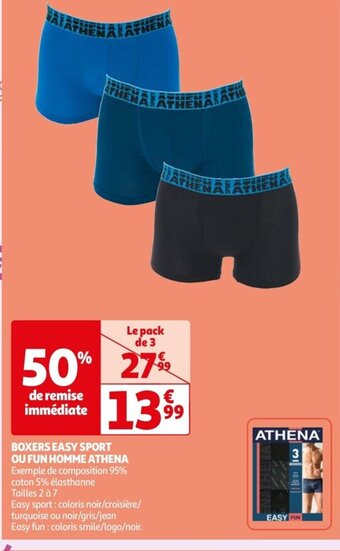 Auchan BOXERS EASY SPORT OU FUN HOMME ATHENA Exemple de composition 95% coton 5% élasthanne Tailles 2 à 7 offre