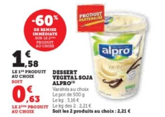 Super U DESSERT VEGETAL SOJA ALPRO offre