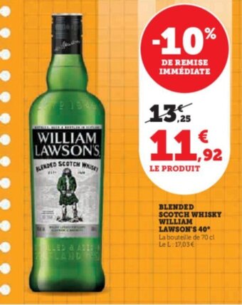 Super U BLENDED SCOTCH WHISKY WILLIAM LAWSON'S 40° offre
