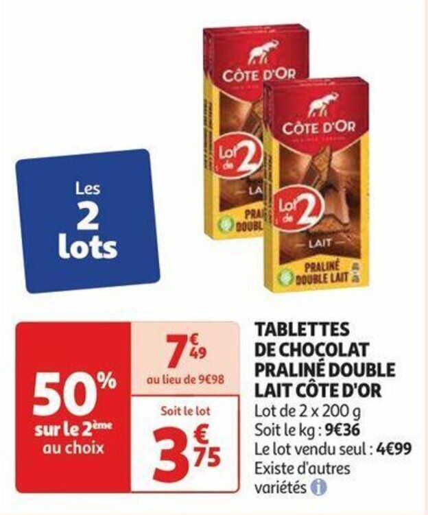 Promo TABLETTES DE CHOCOLAT PRALINÉ DOUBLE LAIT CÔTE D'OR chez Auchan