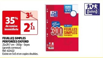 Auchan FEUILLES SIMPLES PERFORÉES OXFORD offre