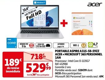 Auchan PORTABLE ASPIRE A315-58-59ZZ ACER + MICROSOFT 365 PERSONNEL 1AN offre