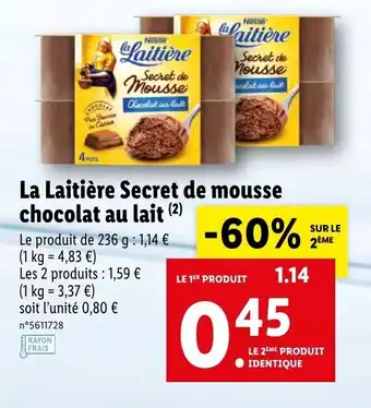 Lidl La laitière secret de mousse chocolat au lait offre