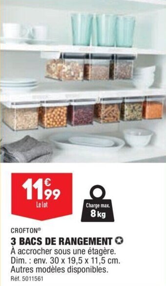 ALDI 3 BACS DE RANGEMENT À accrocher sous une étagère. Dim.: env. 30 x 19,5 x 11,5 cm. Autres modèles disponibles. Réf. 5011561 offre