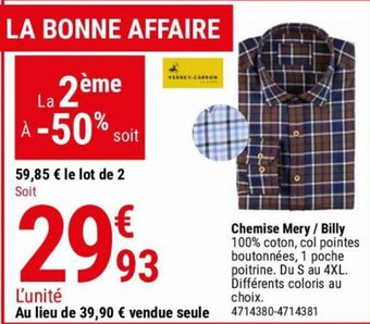 Gamm vert Chemise Mery / Billy 100% coton, col pointes boutonnées, 1 poche poitrine. Du S au 4XL. Différents coloris au choix. offre
