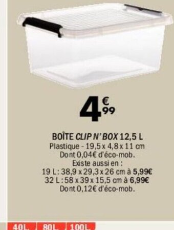La Foir'Fouille BOITE CLIP N' BOX 12,5 L Plastique - 19,5 x 4,8x 11 cm Dont 0,04 € d'éco-mob. Existe aussi en: offre
