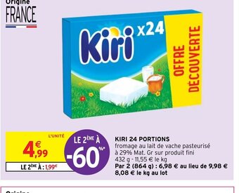 Intermarché KIRI 24 PORTIONS fromage au lait de vache pasteurisé à 29% Mat. Gr sur produit fini offre