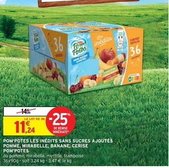 Intermarché POM'POTES LES SANS SUCRES AJOUTÉS POMME, MIRABELLE, BANANE, CERISE POM'POTES offre