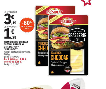 E.Leclerc TRANCHES DE CHEDDAR SPÉCIAL BURGER X6 34% MAT.GR(3) offre