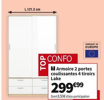 Conforama  armoire 2 portes coulissantes 4 tiroirs lake offre