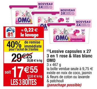 Cora x Carrefour Omo (1)lessive capsules x 27 3 en 1 rose & lilas blanc offre