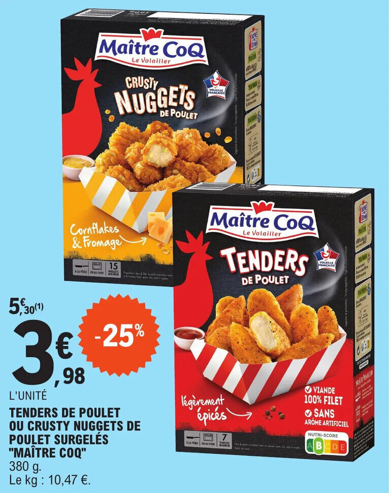 Promo TENDERS DE POULET OU CRUSTY NUGGETS DE POULET SURGELÉS "MAÎTRE COQ" chez E.Leclerc