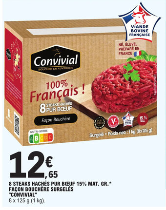 E.Leclerc 8 STEAKS HACHÉS PUR BŒUF 15% MAT. GR.* FAÇON BOUCHÈRE SURGELÉS offre
