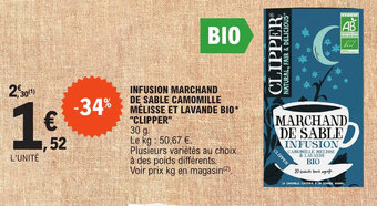 E.Leclerc INFUSION MARCHAND DE SABLE CAMOMILLE MÉLISSE ET LAVANDE BIO* "CLIPPER" offre