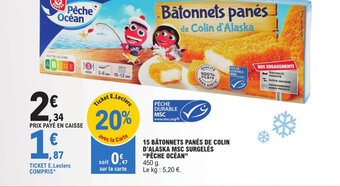 E.Leclerc 15 BÂTONNETS PANÉS DE COLIN D'ALASKA MSC SURGELÉS "PÊCHE OCÉAN" offre