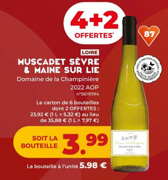 Lidl MUSCADET SÈVRE & MAINE SUR LIE Domaine de la Champinière 2022 AOP offre