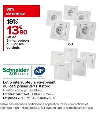 Castorama Lot 5 interrupteurs va-et-vient ou lot 5 prises 2P+T Asfora Fixation vis ou griffes. Blanc. offre