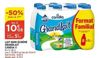 Bi1 Lait Demi-écrémé Grandlait Candia offre
