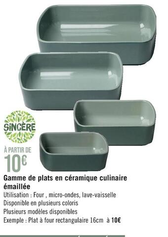 Sincère gamme de plats en céramique culinaire émaillée