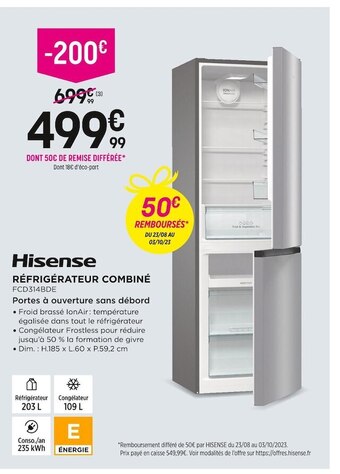 Pulsat Hisense réfrigérateur combiné offre