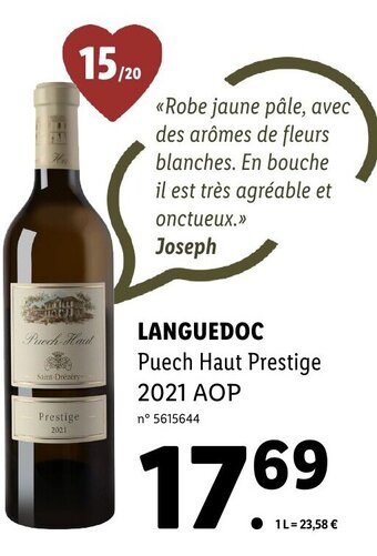 Lidl LANGUEDOC Puech Haut Prestige 2021 AOP offre
