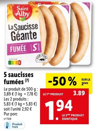 Lidl 5 saucisses fumées (7) offre
