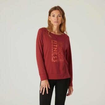 Decathlon T-shirt fitness manches longues droit col rond coton femme - 500 bordeaux offre