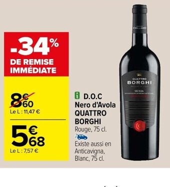 Carrefour i D.O.C Nero d'Avola QUATTRO BORGHI Rouge, 75 cl. offre