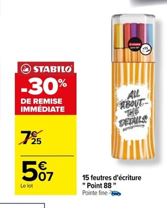 Carrefour 15 feutres d'écriture "Point 88 " Pointe fine offre