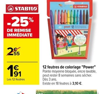 Carrefour 12 feutres de coloriage "Power" Pointe moyenne bloquée, encre lavable, peut rester 8 semaines sans sécher. Dès 3 ans. offre
