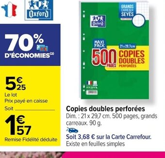 Carrefour Copies doubles perforées Dim.: 21 x 29,7 cm. 500 pages, grands carreaux. 90 g. offre