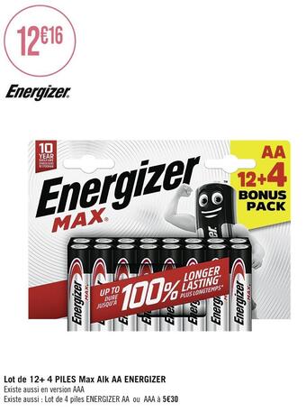 Casino Supermarchés Energizer lot de 12+ 4 piles max alk aa offre