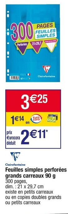 Cora x Carrefour Feuilles simples perforées grands carreaux 90 g 300 pages, offre