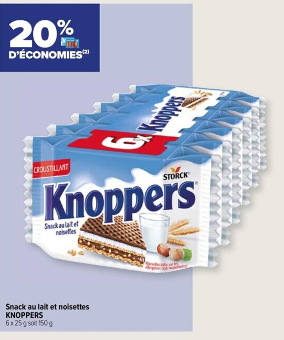 Promo Snack au lait et noisettes KNOPPERS 6 x 25 g soit 150 g chez