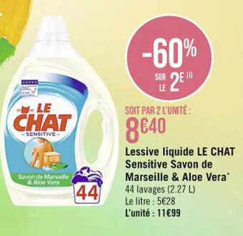 Hyper Casino Lessive liquide LE CHAT Sensitive Savon de Marseille & Aloe Vera* 44 lavages (2.27 L) offre